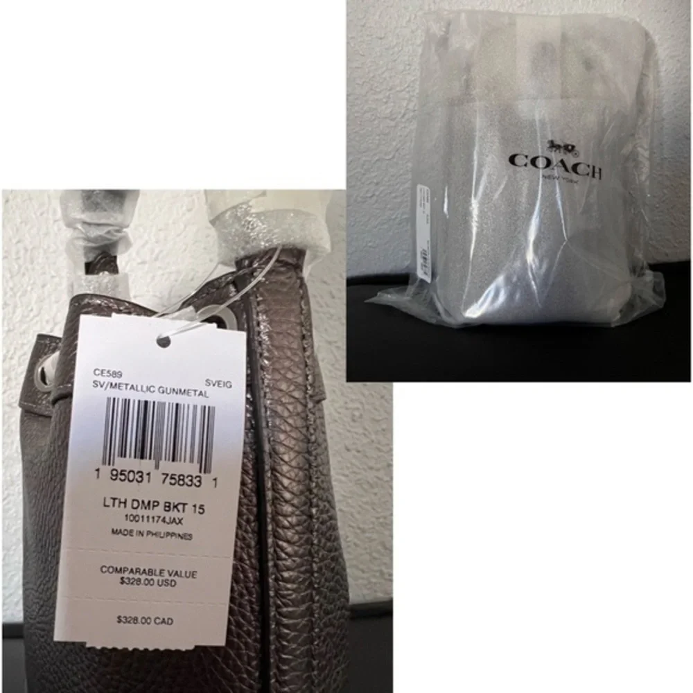 NWT COACH DEMPSEY DRAWSTRING BUCKET BAG 15 IN SILVER/METALLIC GUNMETAL CROSSBODY